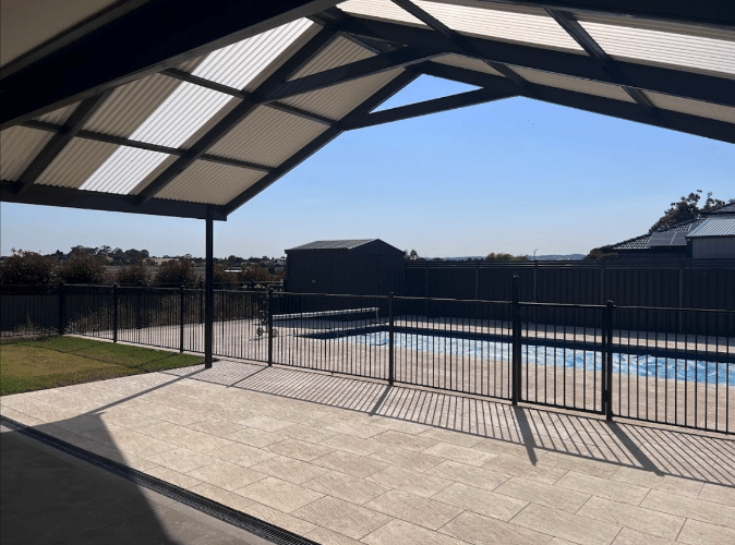 MyLiving Outdoor, outdoor pool pavers, medium size cream pavers with fence surrounding pool